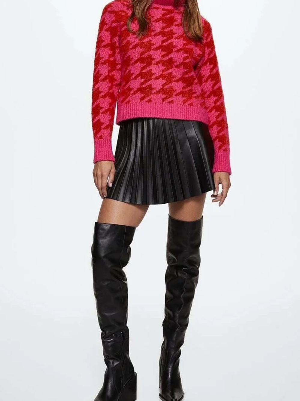Mango Pink and Red Houndstooth Cowl Sweater